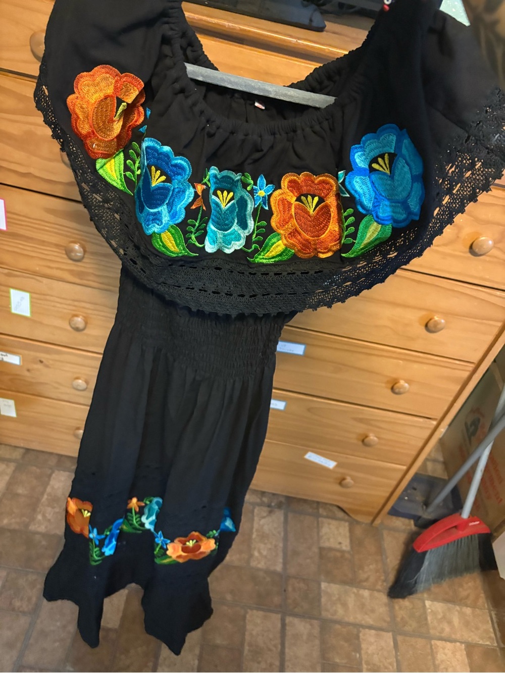 One-Shoulder Black Embroidered Floral Maxi Dress